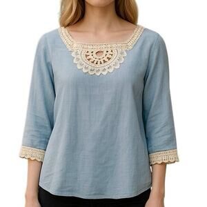 Vintage 1970s Blue Linen Boho Top with Crochet Lace Trim